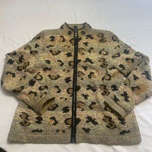 South Cotton Hand Loomed Animal Print Leopard Zip Up Sweater Jacket Size Large